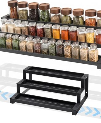 3-Tier Spice Rack Organizer for Kitchen Cabinet or Pantry, 16"-29" Expandable Spice Organization Shelf, Seasoning Organizer, Metal Display Shelf, Slip-Resistant Design for Jars and Bottles, Black